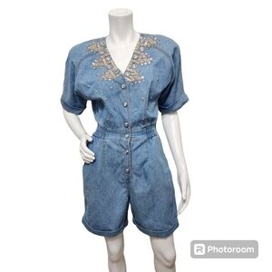 Vintage Monique‎ Fashions Rhinestone Blue Denim Shirt Jumpsuit Size 8